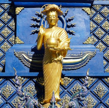 Ornate golden Buddha statue at the Blue Temple, Wat Rong Suea Ten, in Chiang Rai, Thailand.