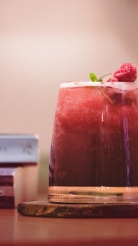 A vibrant berry cocktail topped with fresh mint and raspberries, perfect for a summer refreshment.