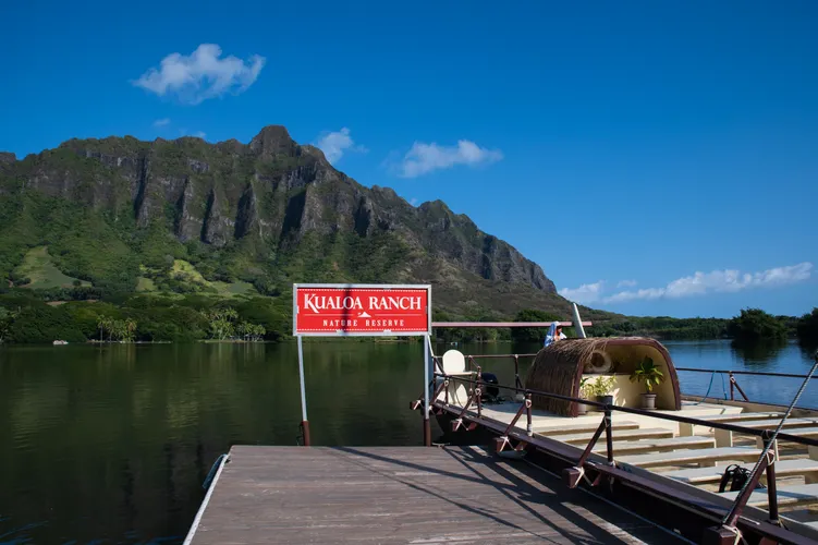 View of Kualoa Ranch and the Koolau mountains on the windward coast of Oahu, the Jurassic Park filming location