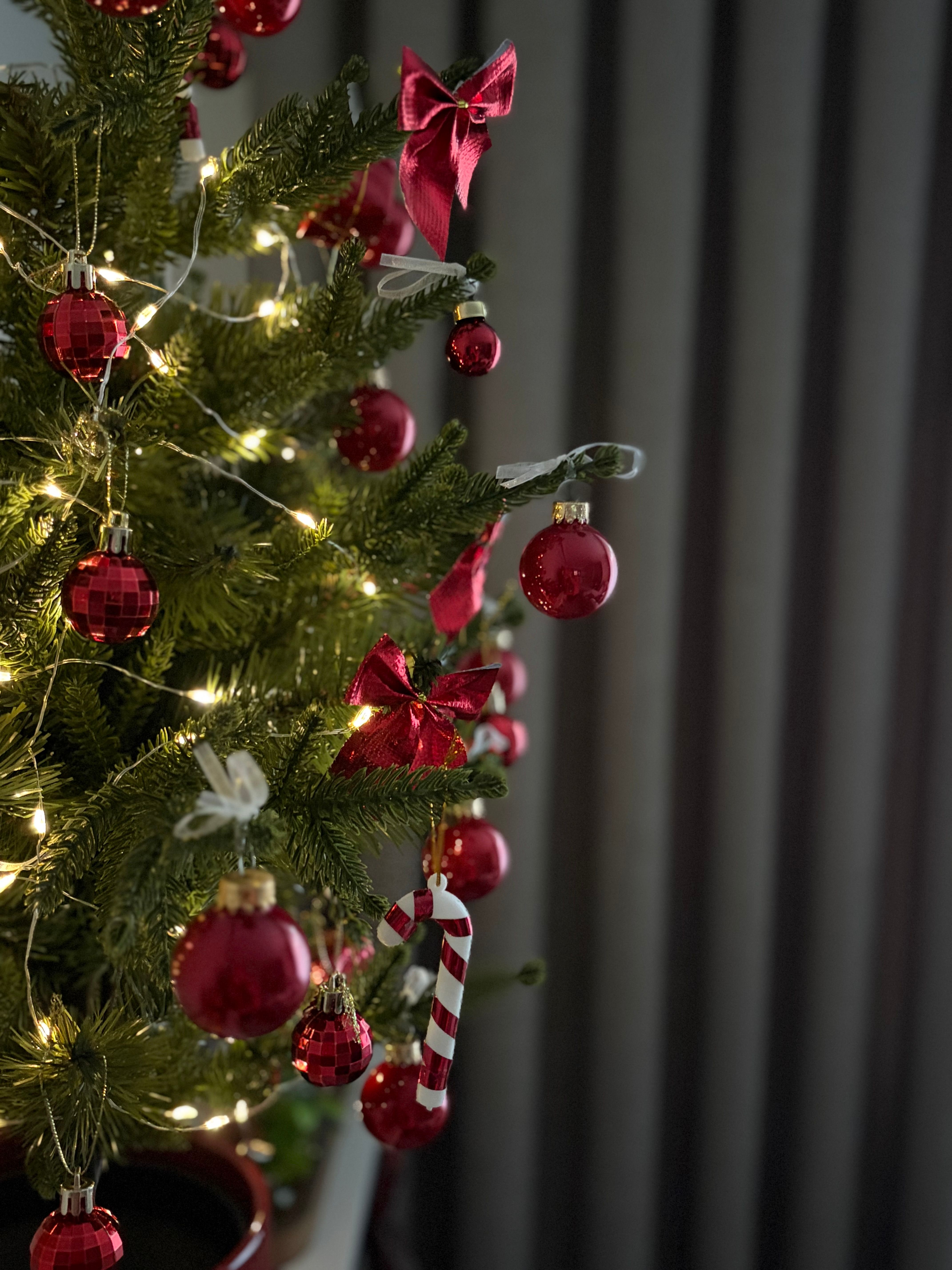 Festive Christmas Tree with Red Ornaments and Lights · Free Stock Photo