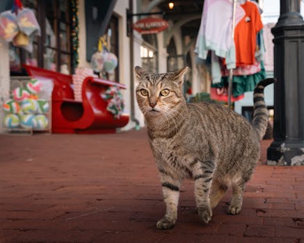 A tabby cat walking on a charming shopping street, surrounded by holiday decorations and colorful shops.