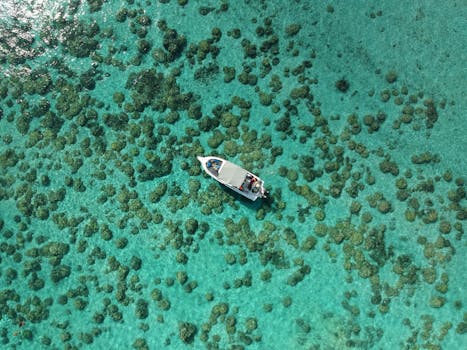 Stunning aerial shot of a boat navigating over the vibrant coral reef waters of Mauritius.