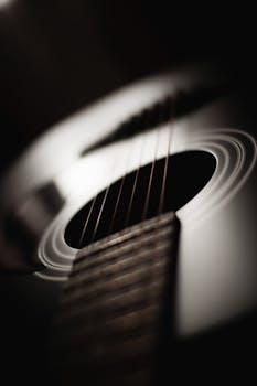 Detailed close-up of an acoustic guitar, highlighting its strings and curves with dramatic lighting.