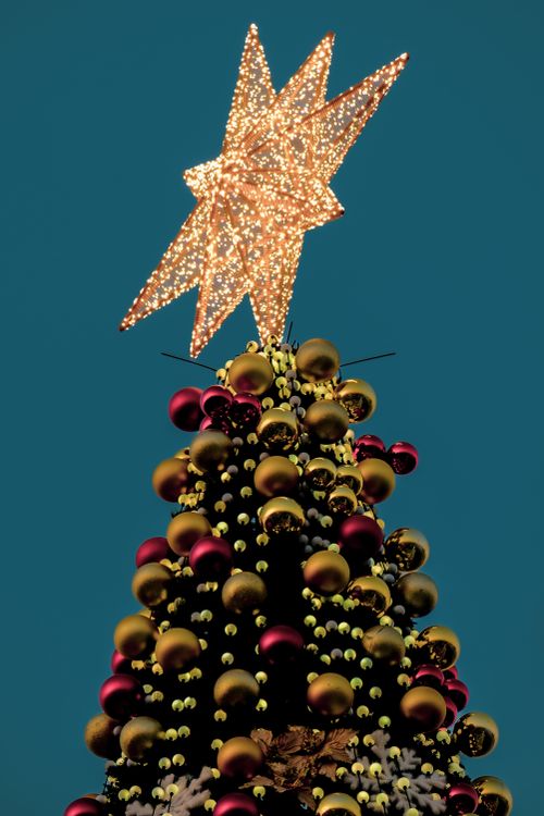 Free A festive Christmas tree adorned with a glowing star and colorful ornaments. Stock Photo