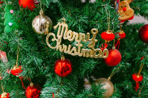 Free Close-up of a decorated Christmas tree with ornaments in Nanjing, China. Festive and cozy winter holiday decor. Stock Photo