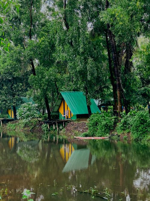 Free Charming A-frame cottages by a tranquil lake surrounded by lush greenery, perfect for nature retreats. Stock Photo