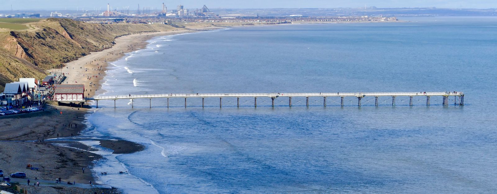 Beautiful aerial view of Saltburn Pier and coastline at Saltburn-by-the-Sea, England.