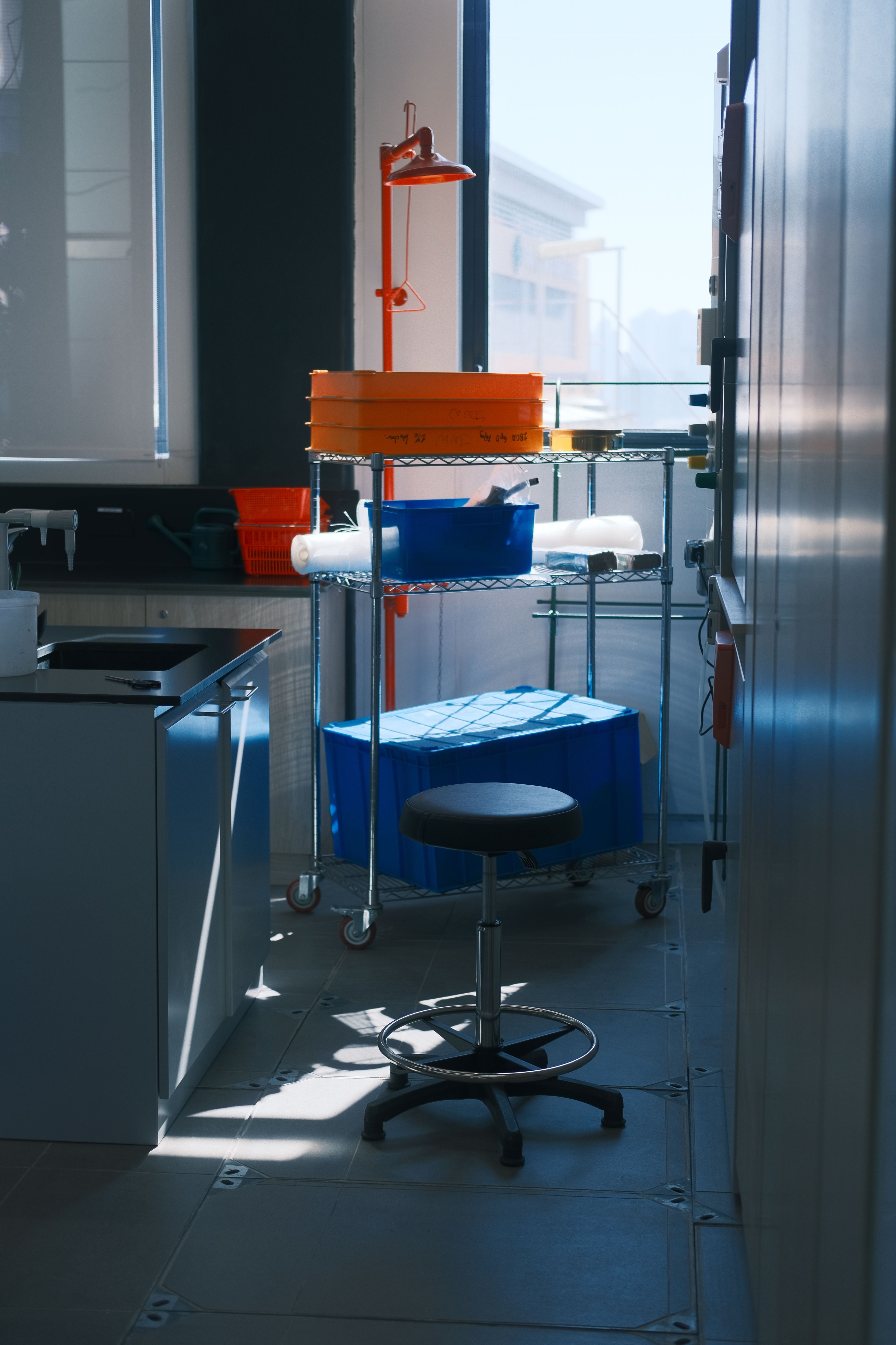 A well-organized lab featuring metal shelving and industrial stool under natural light.