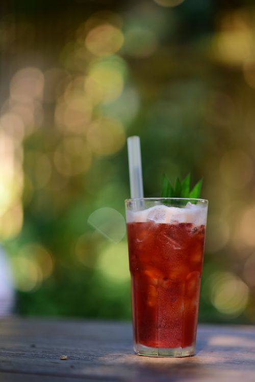 Free Refreshing hibiscus iced tea in a glass garnished with herbs, ideal for summer. Stock Photo