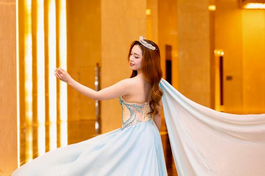 Photo by Hồng Quang Official A young woman in a blue gown gracefully poses in an elegant indoor setting.