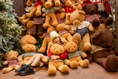Free A young girl surrounded by teddy bears in a festive winter setting. Stock Photo