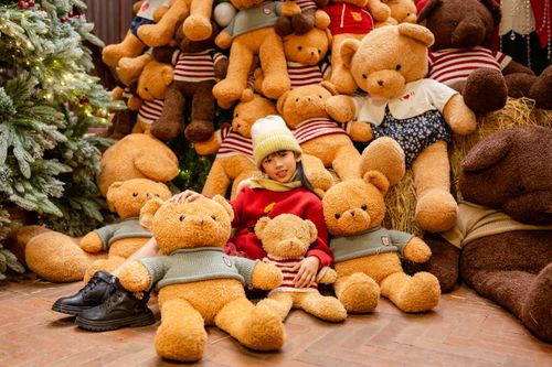Free Child sitting among teddy bears in festive setting in Hội An, Vietnam. Stock Photo