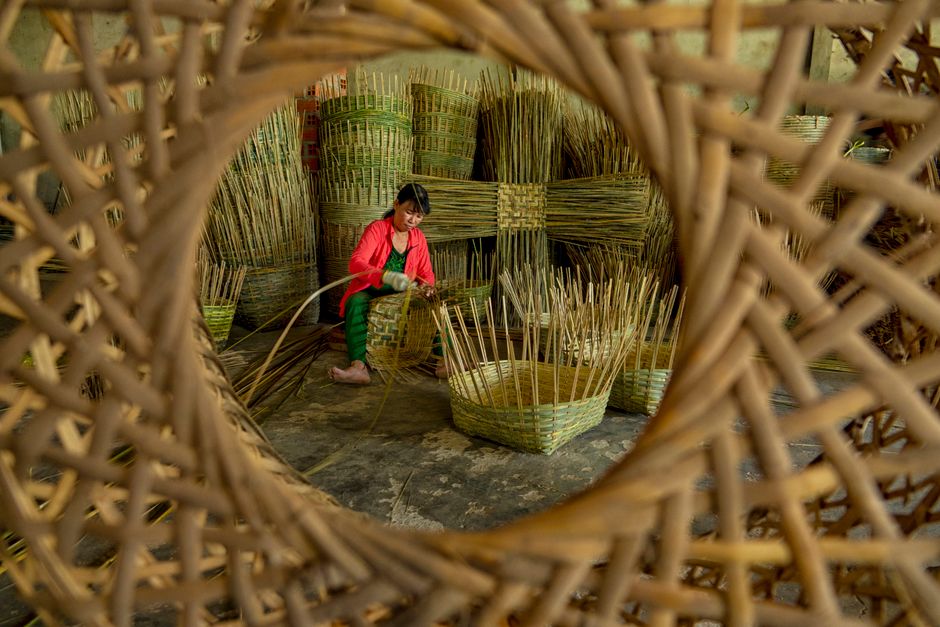 A woman skillfully weaves bamboo baskets inside a workshop, a glimpse through a large basket frame.
