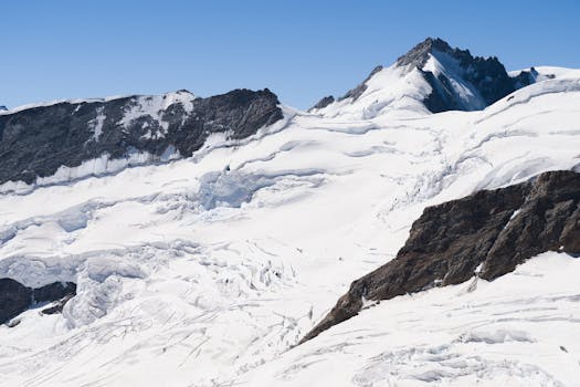 Explore the stunning snowy landscape of Jungfrau Mountain with its rugged peaks and pristine glaciers.
