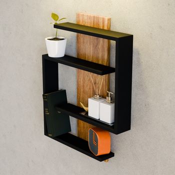 Stylish black wall shelf featuring a plant, books, and decor items against a neutral wall.（イメージ）