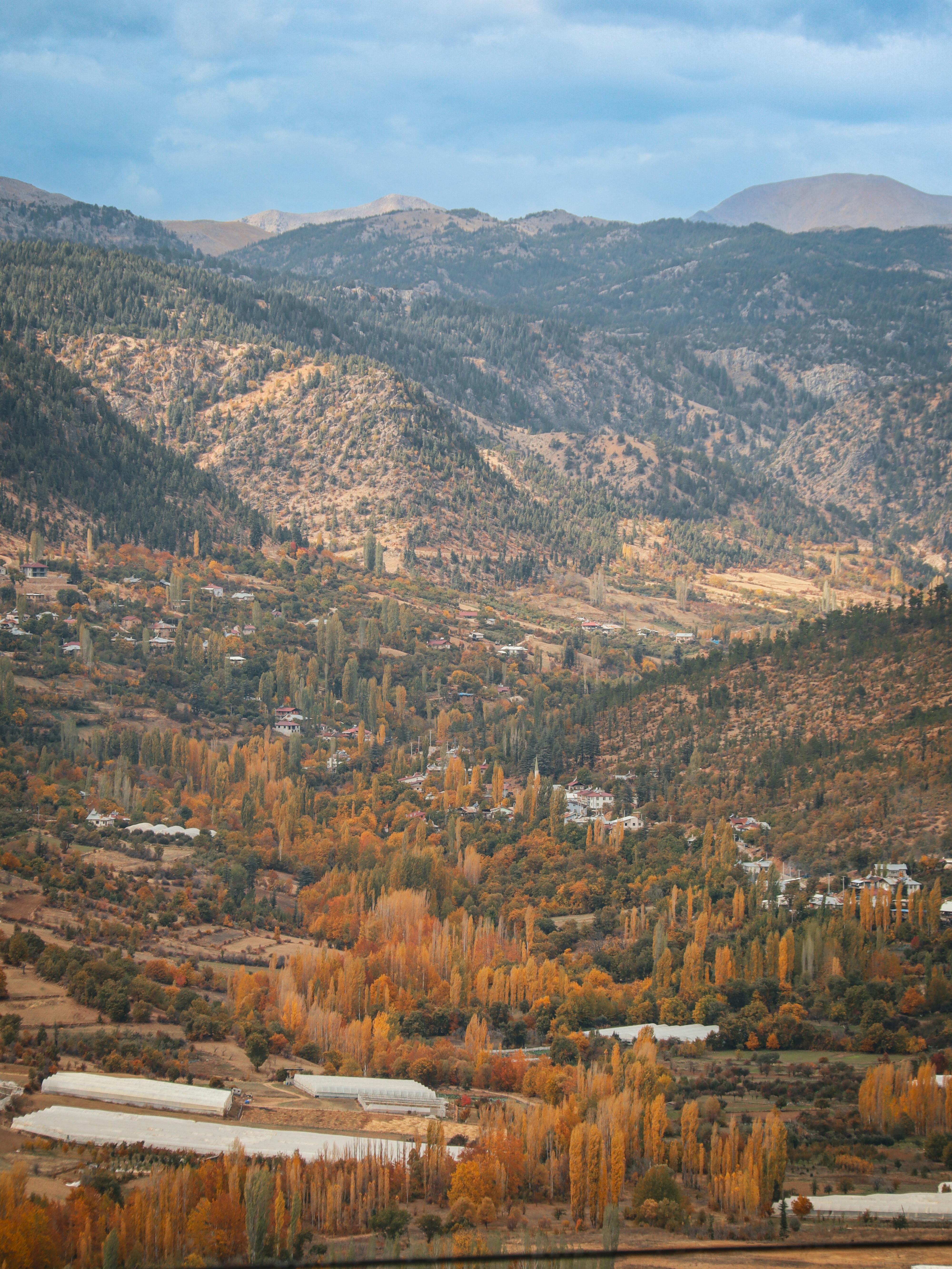 Breathtaking view of a mountain valley covered in fall foliage with rural settlements.