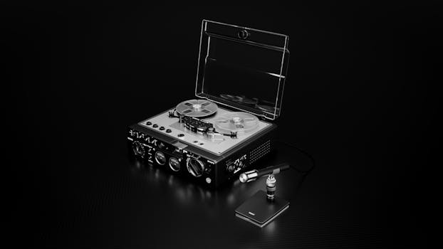 Retro reel-to-reel tape recorder with microphone on a sleek black surface, classic audio gear.