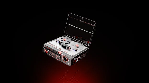 Retro tape recorder with open lid against dramatic black background. Isolated display.