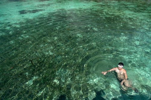 Free Man swimming in clear turquoise water with a snorkel, creating ripples. Stock Photo