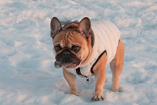 A French Bulldog wearing a coat stands on snow at Cove Island Park, Stamford.