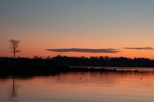 Free Tranquil sunrise scene over Cove Island Park in Stamford, Connecticut with vibrant sky reflections. Stock Photo