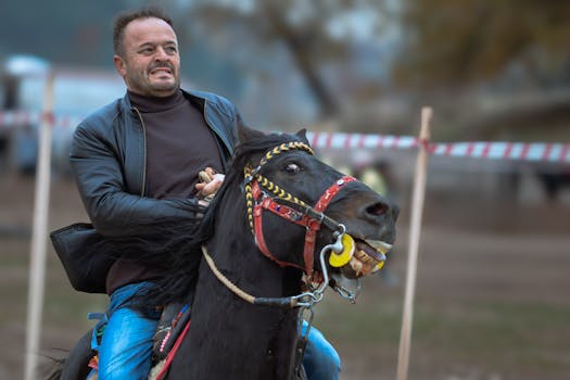 Experience the thrill of a horse riding competition captured in Adıyaman, Türkiye, with a rider on a spirited black horse.