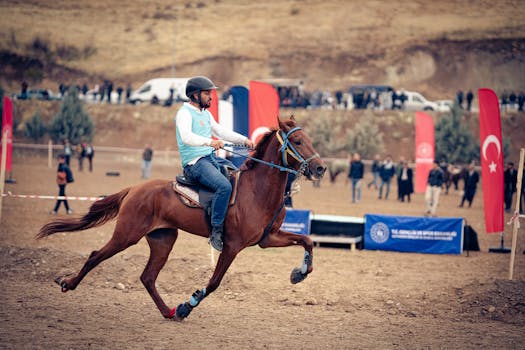 Dynamic scene of a horseback rider in Adıyaman, Türkiye during an equestrian event.