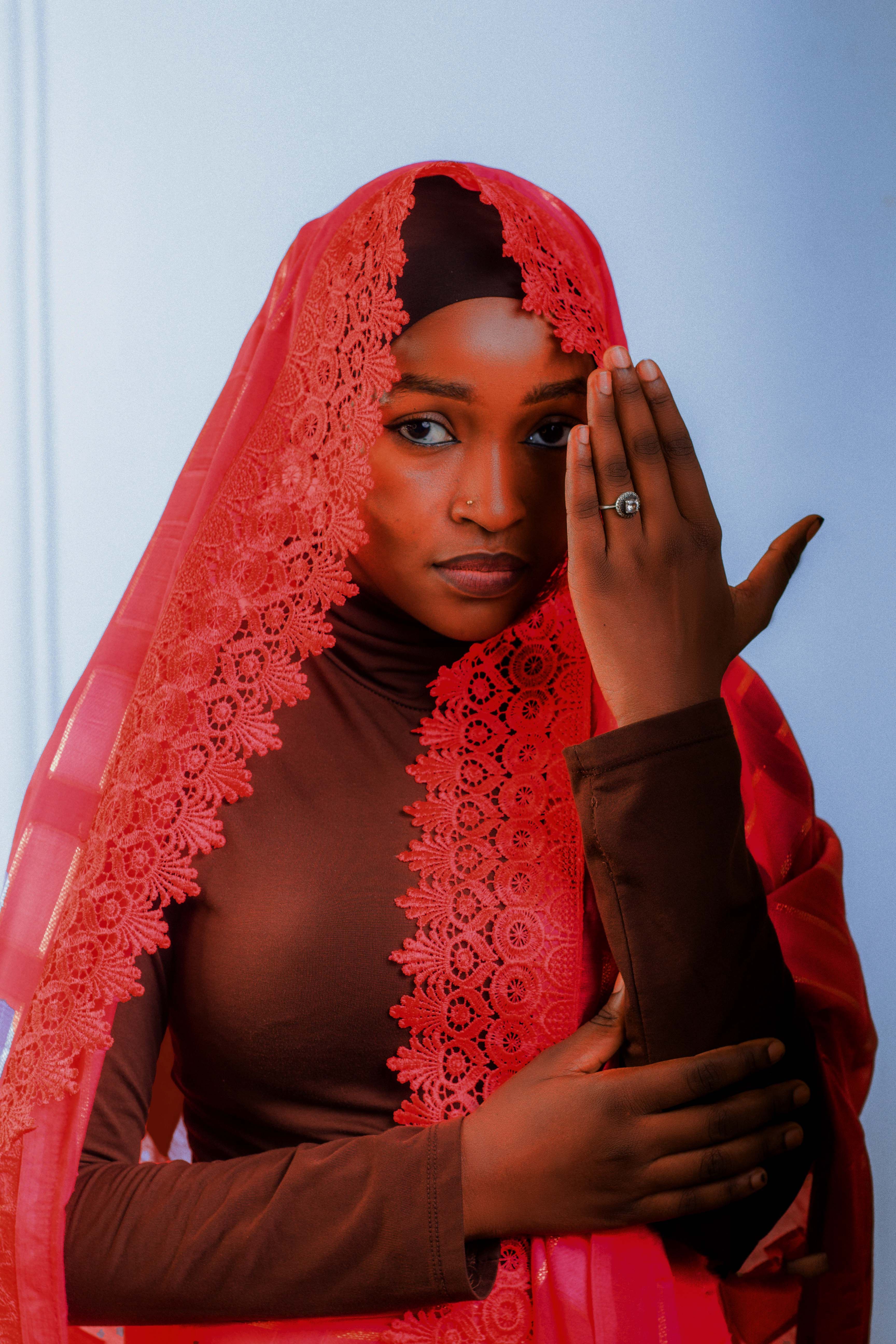 Elegant Woman in Red Lace Veil Portrait · Free Stock Photo