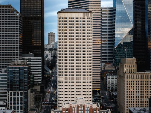 Free Stunning aerial view of Seattle's downtown skyscrapers, showcasing modern and classic architecture at dusk. Stock Photo