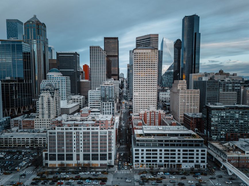 Aerial view of Seattle's downtown skyline with modern skyscrapers.
