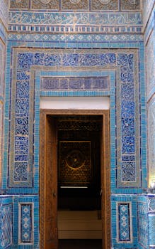 Explore the stunning blue and gold tilework inside a historic Islamic mausoleum.