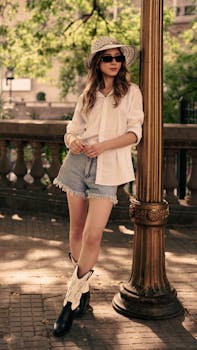 Stylish woman in summer outfit with hat and sunglasses, leaning on a lamppost outdoors.