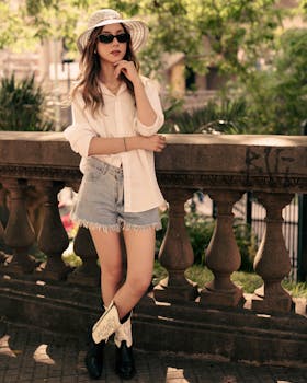 Fashionable woman in a summer outfit and hat outdoors leaning on a stone railing.