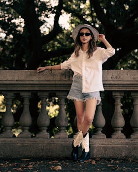 Fashionable woman in a stylish outfit poses by an ornate outdoor railing, exuding a cool and modern vibe.