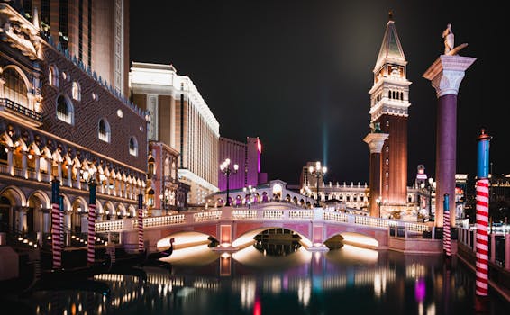 A stunning night view of the Venetian Resort in Las Vegas with its iconic architecture and elegant reflections.