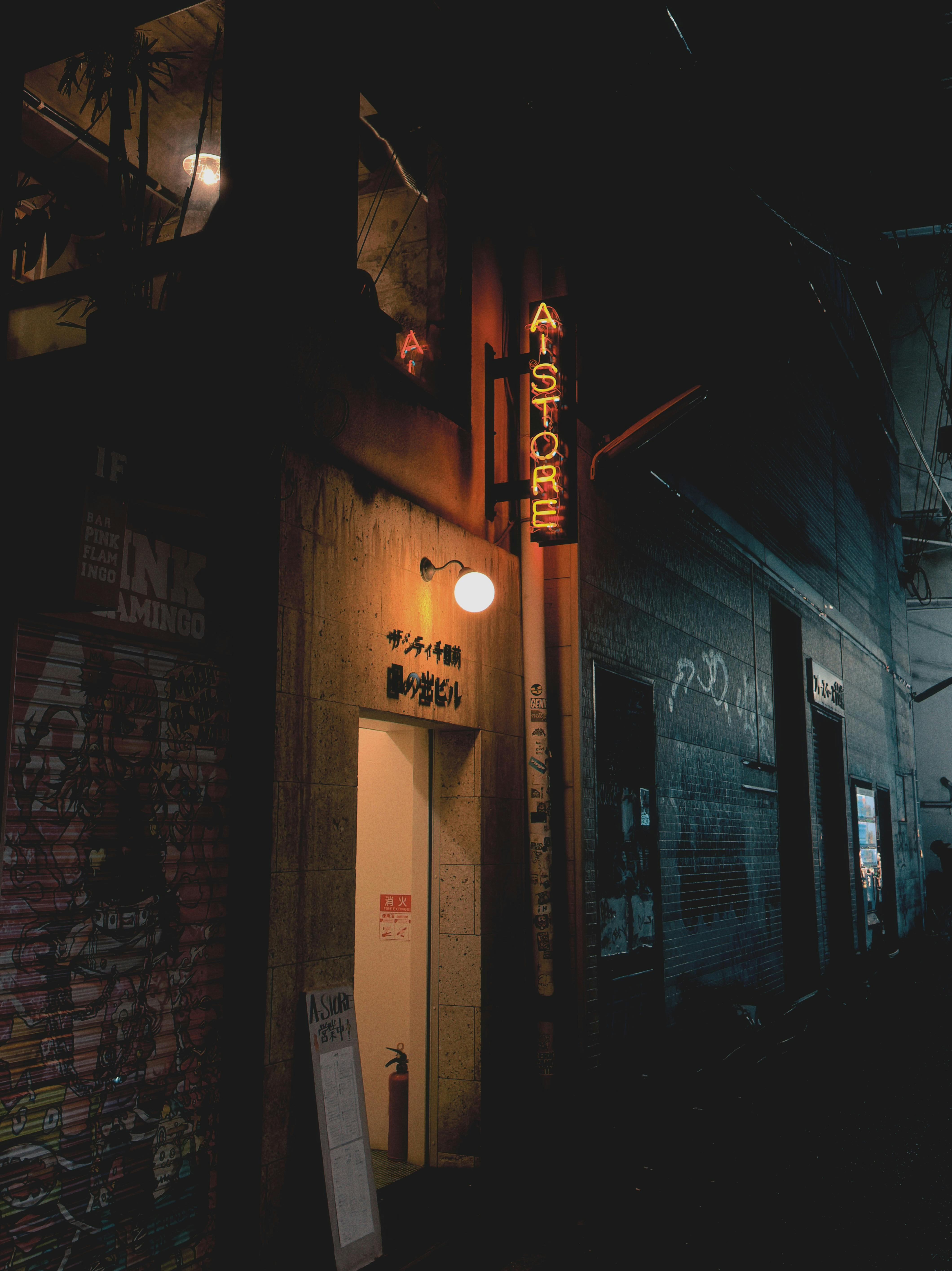 Neon Storefront in Urban Alley at Night · Free Stock Photo