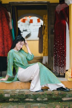 Elegant woman in green Ao Dai sitting outside a colorful shop.