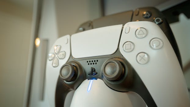 A detailed view of a gaming controller highlighting its buttons and LED light, perfect for gaming enthusiasts.