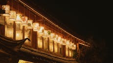 Traditional Lanterns Adorning a Rustic Rooftop at Night