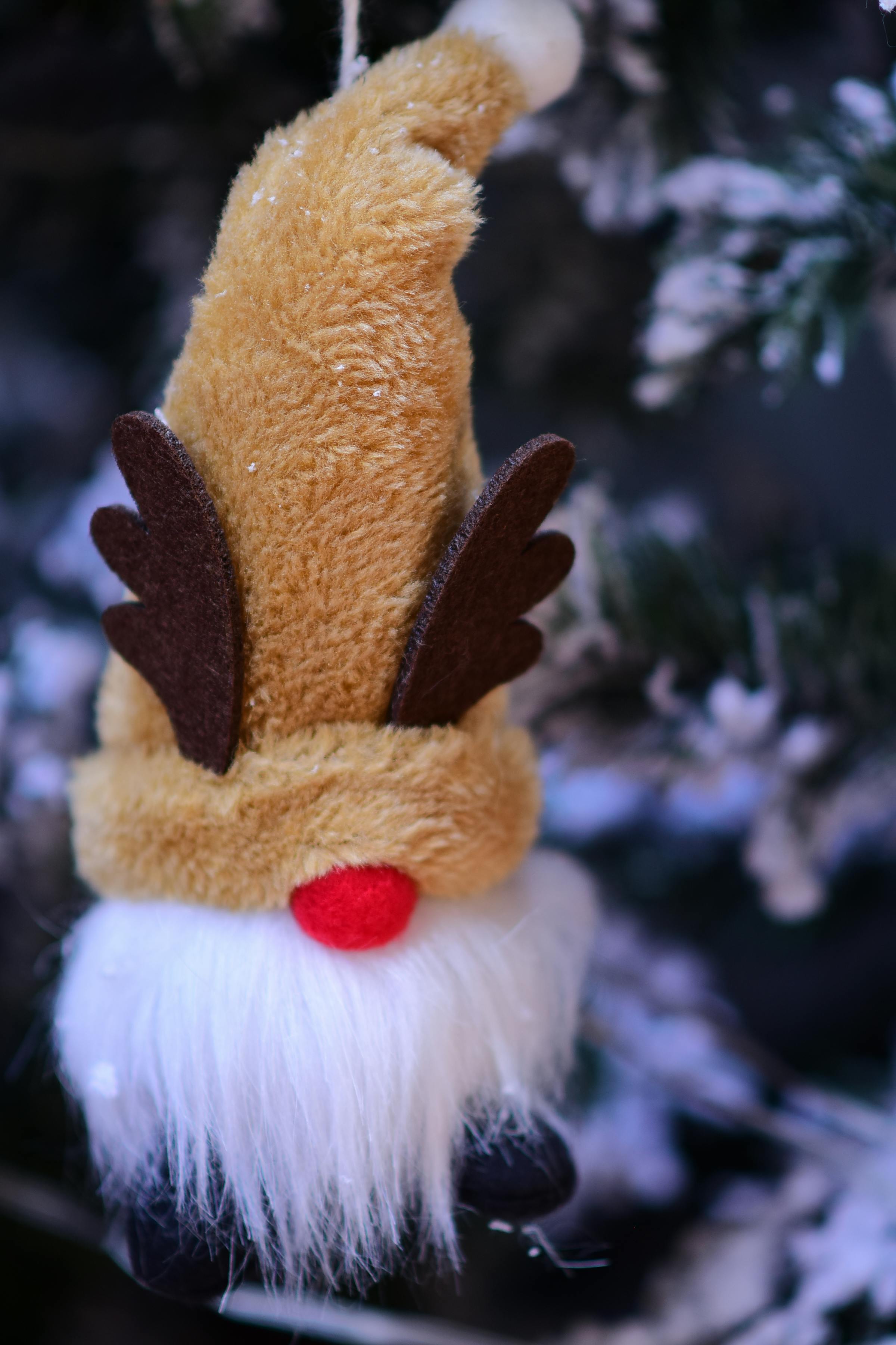 grátis Lindo enfeite de gnomo de pelúcia com chifres em um galho de árvore de Natal coberto de geada. Foto profissional