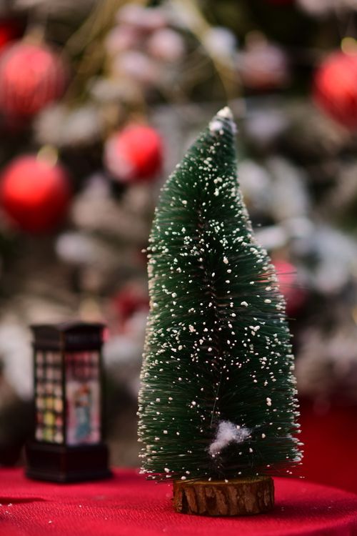 Free Miniature Christmas tree with snow decoration and blurred festive background. Stock Photo