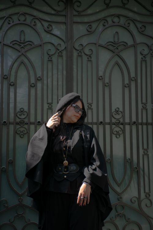 Free Stylish woman dressed in black Gothic attire stands by an elegant metal gate under daylight. Stock Photo