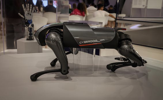 Un cane robot futuristico, il Cyberdog, esposto in un ambiente interno, che mette in mostra la tecnologia robotica avanzata.
