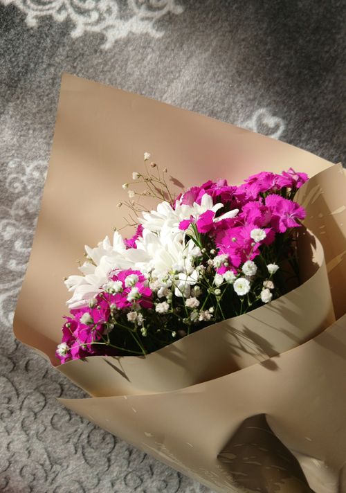 Free Beautiful bouquet featuring pink and white daisies placed on patterned fabric under soft sunlight. Stock Photo