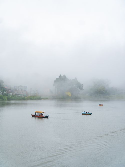 Free Serene view of boats on Mirik Lake shrouded in mist, capturing natural beauty. Stock Photo