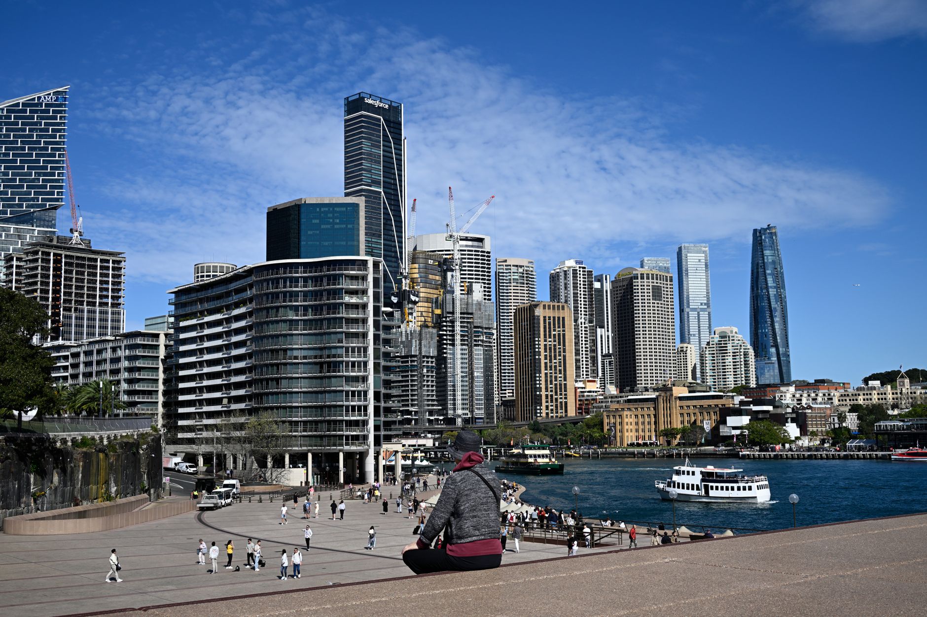 View of Sydney Harbour with the iconic skyline and a relaxing visitor in the foreground.