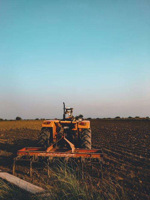Free An old tractor in a vast agricultural field at sunset, capturing rural life and farming essence. Stock Photo
