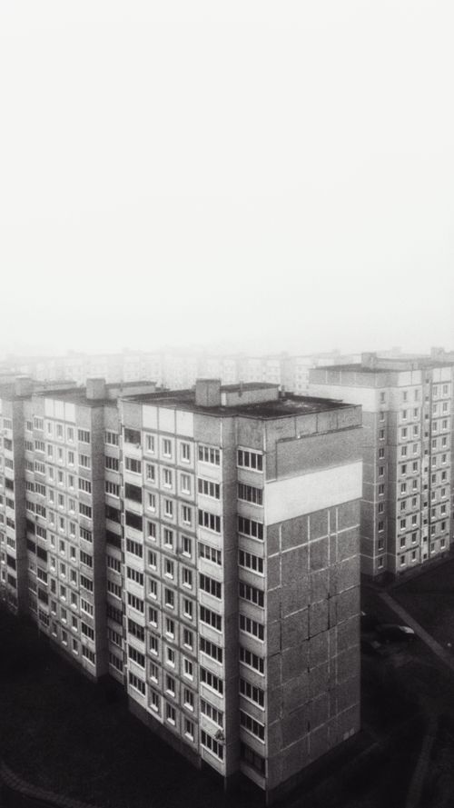 Free Black and white photo of Soviet-style apartment blocks in Minsk, Belarus, showcasing urban architecture. Stock Photo