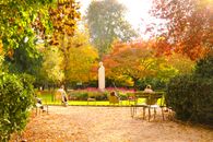 Tranquil park scene with a statue and vibrant autumn foliage.