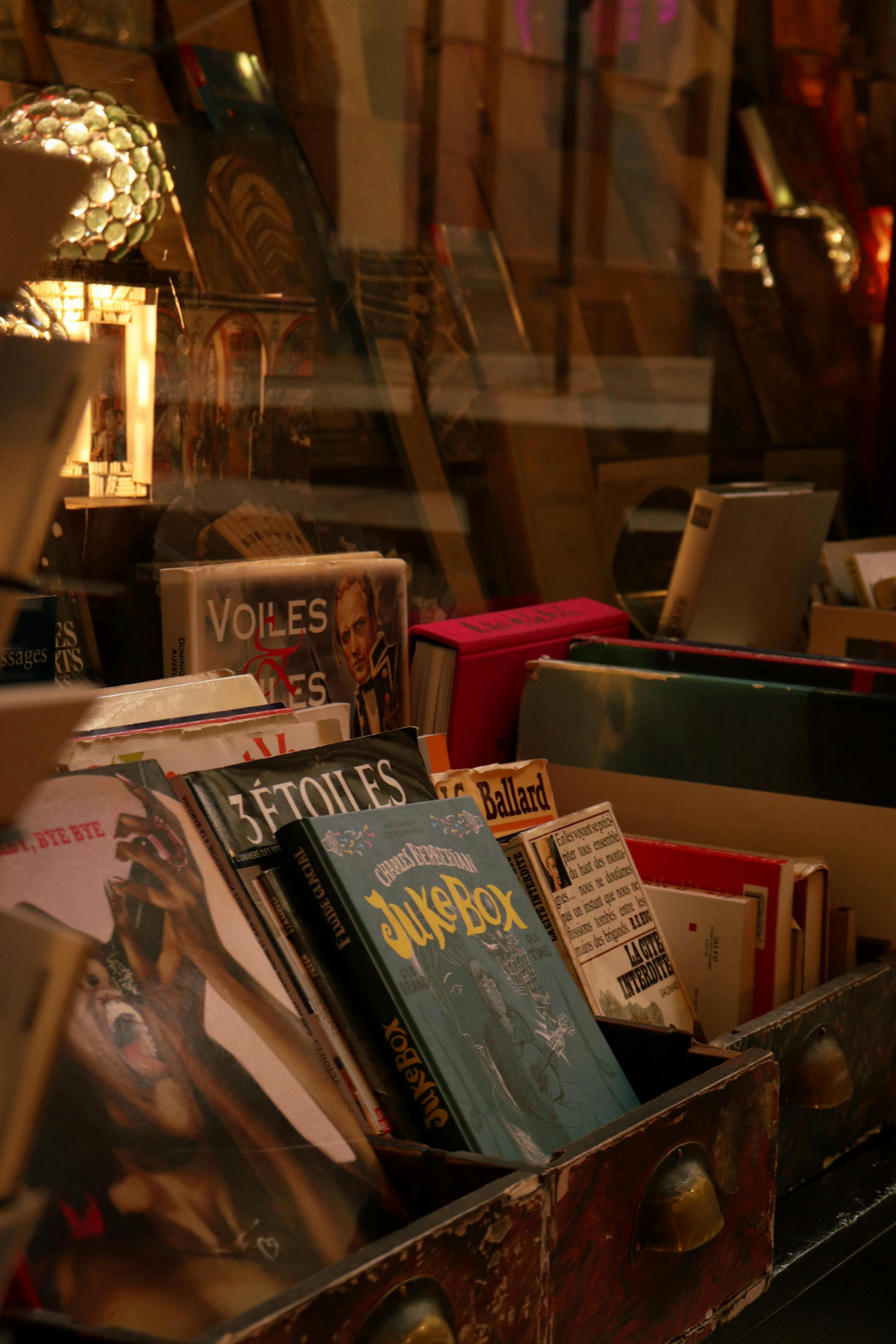 A cozy bookstore shelf filled with vintage books under warm ambient lighting, creating a nostalgic atmosphere.